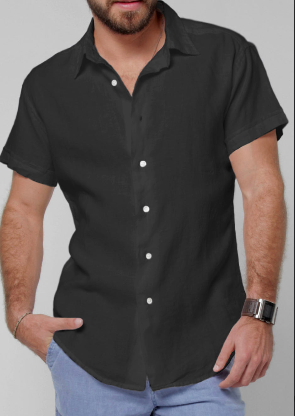 Short Sleeve Button Down Linen Shirt Regular Fit in black