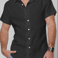 Short Sleeve Button Down Linen Shirt Regular Fit in black