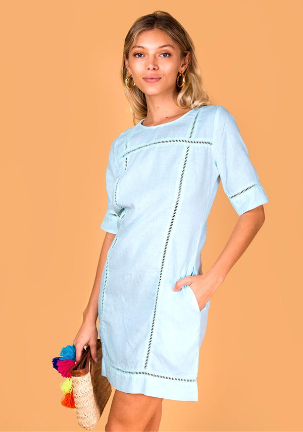 Women's 3/4 Sleeve Linen Dress with Lace Detail | 100% Natural Italian Style, Available in White, Black, Red, Aqua, Blue, Green, Item #8385
