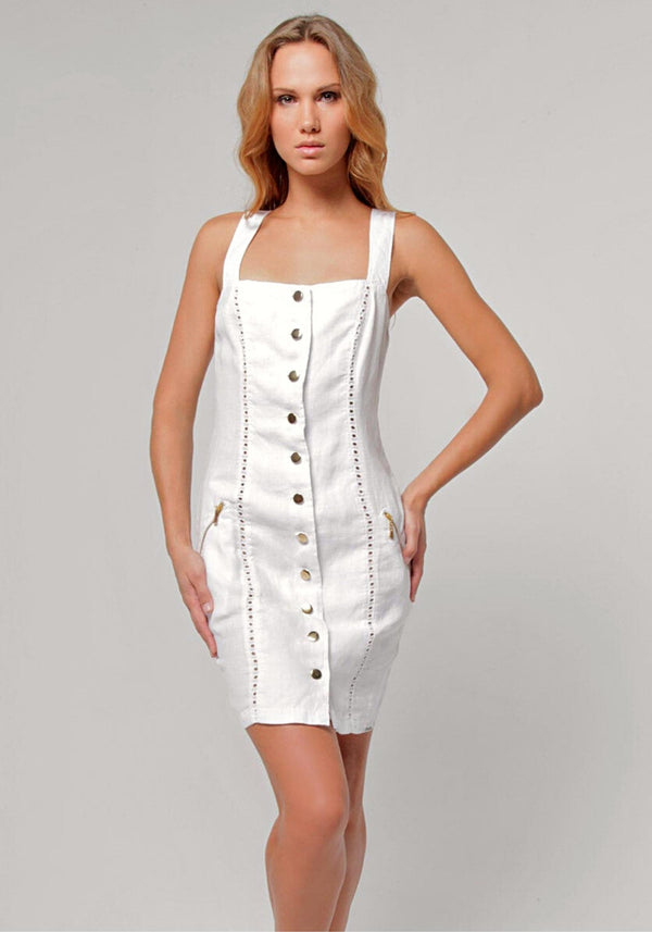 Women's Linen Silhouette Dress with Gold Button Closures | 100% Natural Italian Style in White, Item #8357