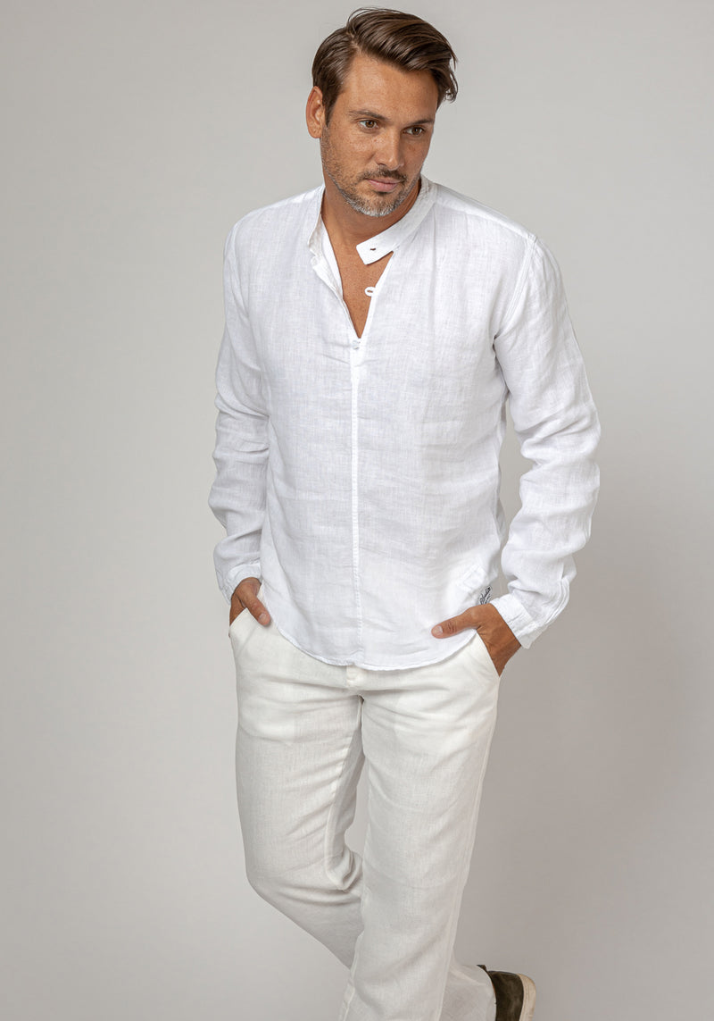 Long Sleeve Linen Shirt With Button Collar in white