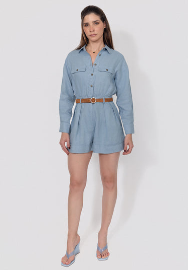Linen Button‑Front Romper With Woven Belt