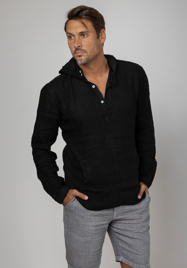 Long Sleeve V-Neck Linen Hoodie Shirt in black