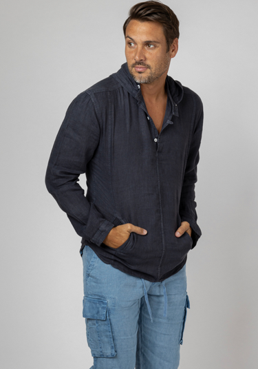Long Sleeve V-Neck Linen Hoodie Shirt in navy