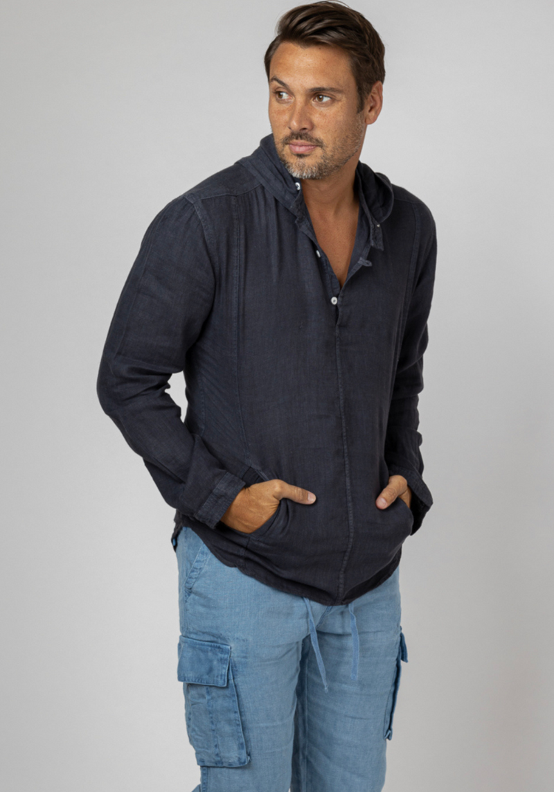 Long Sleeve V-Neck Linen Hoodie Shirt