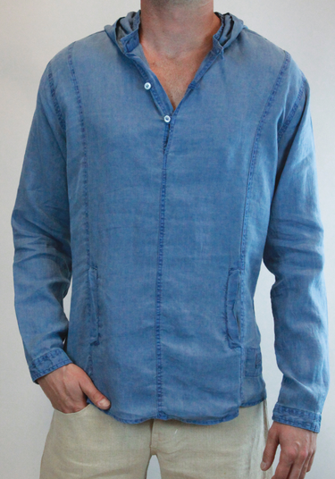 Long Sleeve V-Neck Linen Hoodie Shirt in denim blue