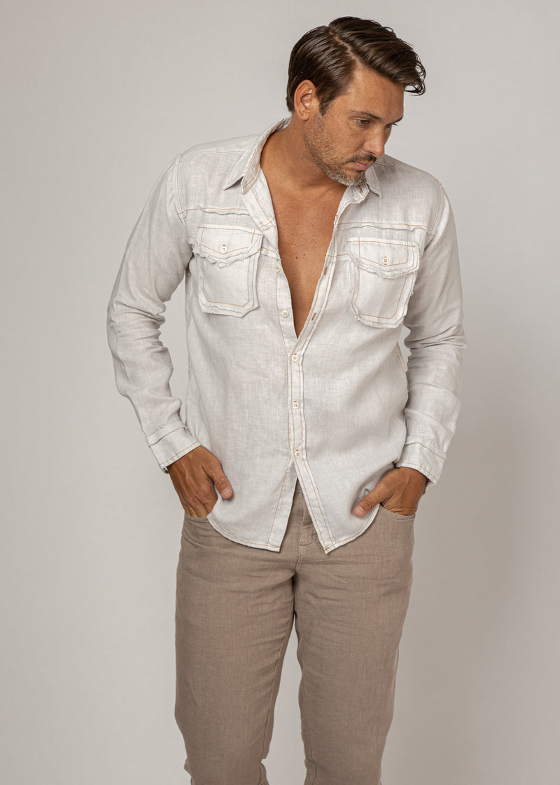 Men's Linen Long Sleeve Button-Down Shirt | 2 Pocket Design, Unfinished Edges, Item #1031