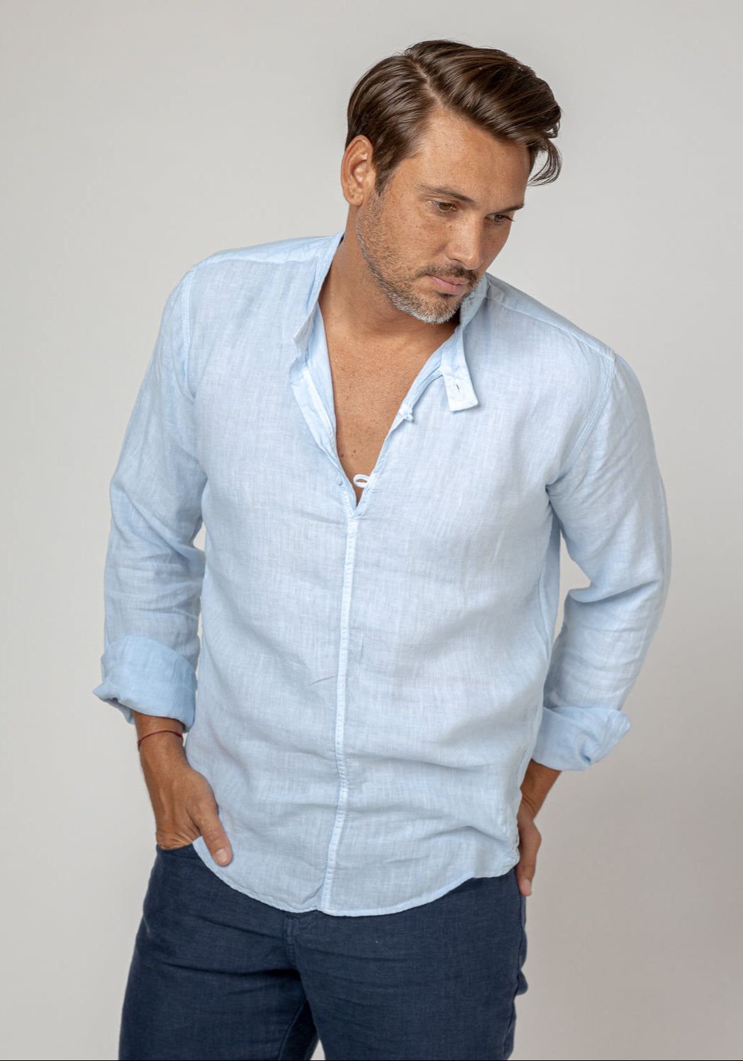 Long Sleeve Linen Shirt With Button Collar in light blue