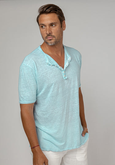 Short Sleeve Linen Henley T-Shirt  in aqua