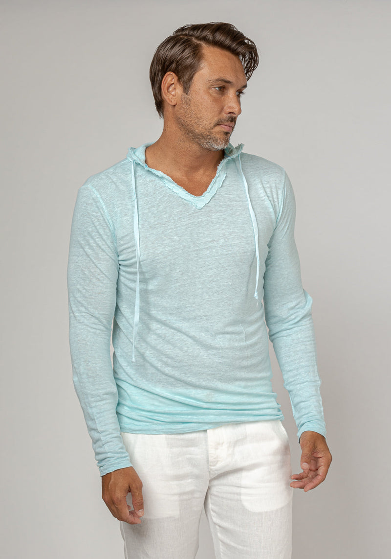 Long Sleeve Fitted Jersey Linen Hoodie in aqua