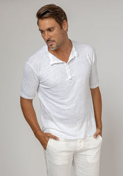 Short Sleeve Linen Henley T-Shirt in white