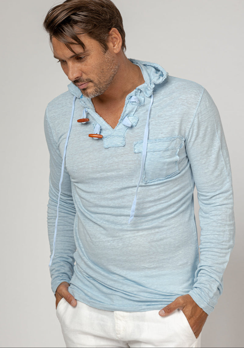 Jersey Linen Long Sleeve Hoodie With Pocket & Wooden Fasteners in light blue 4