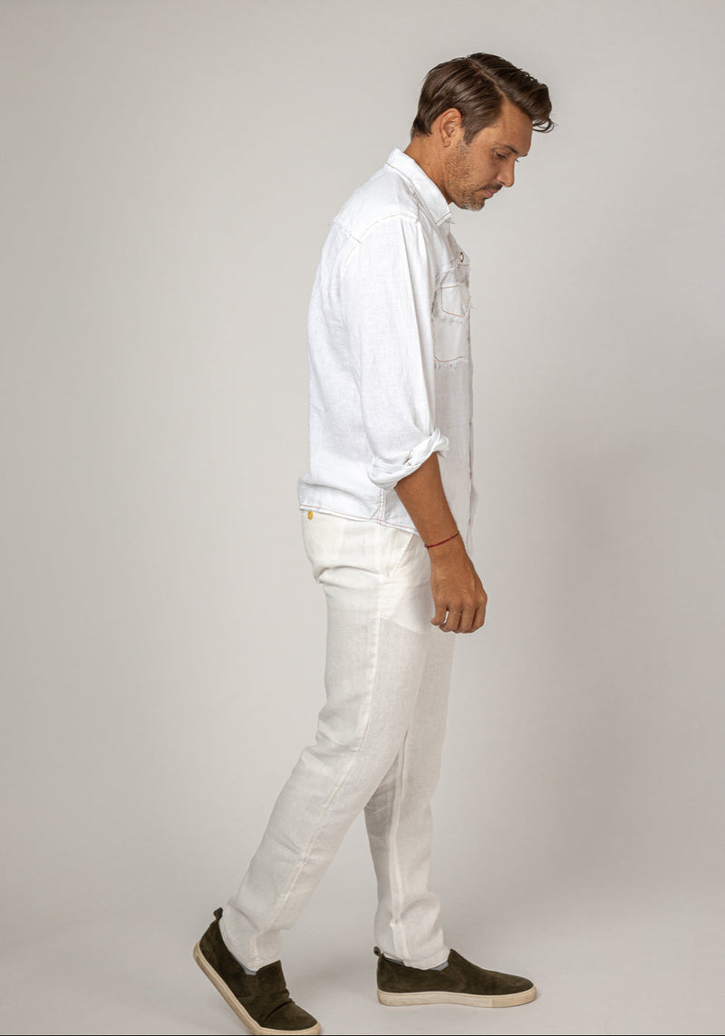 Long Sleeve Button-Down Linen Shirt With Pockets & Unfinished Edges in white 2