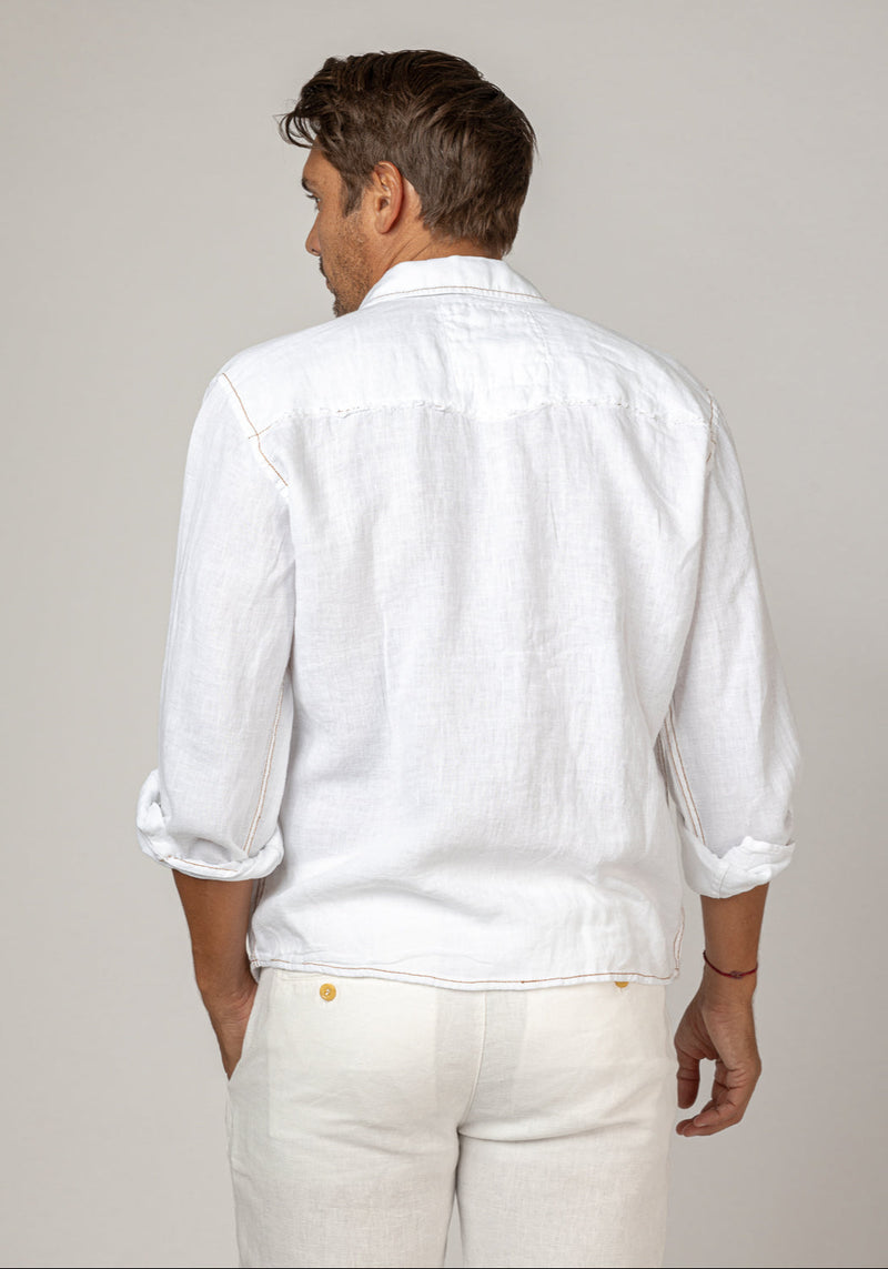 Long Sleeve Button-Down Linen Shirt With Pockets & Unfinished Edges in white 4