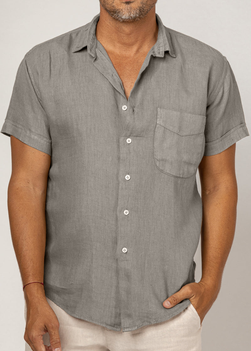 Short Sleeve Button-Down Linen Shirt With Pocket