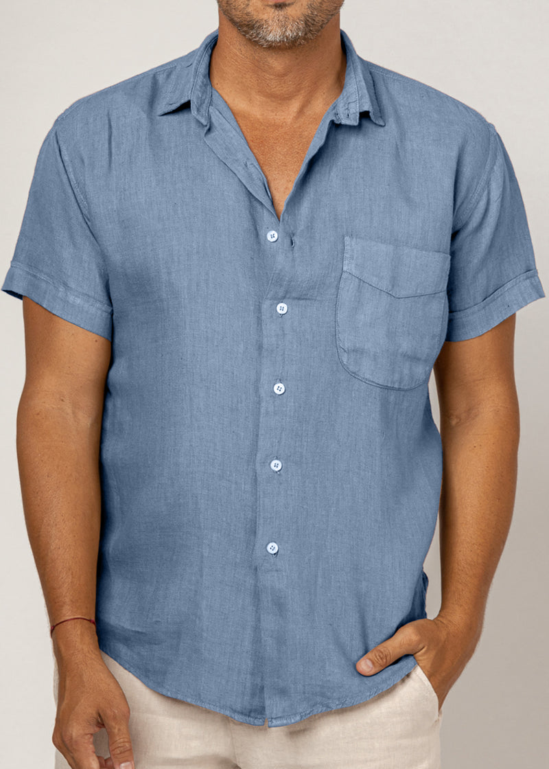 Short Sleeve Button-Down Linen Shirt With Pocket