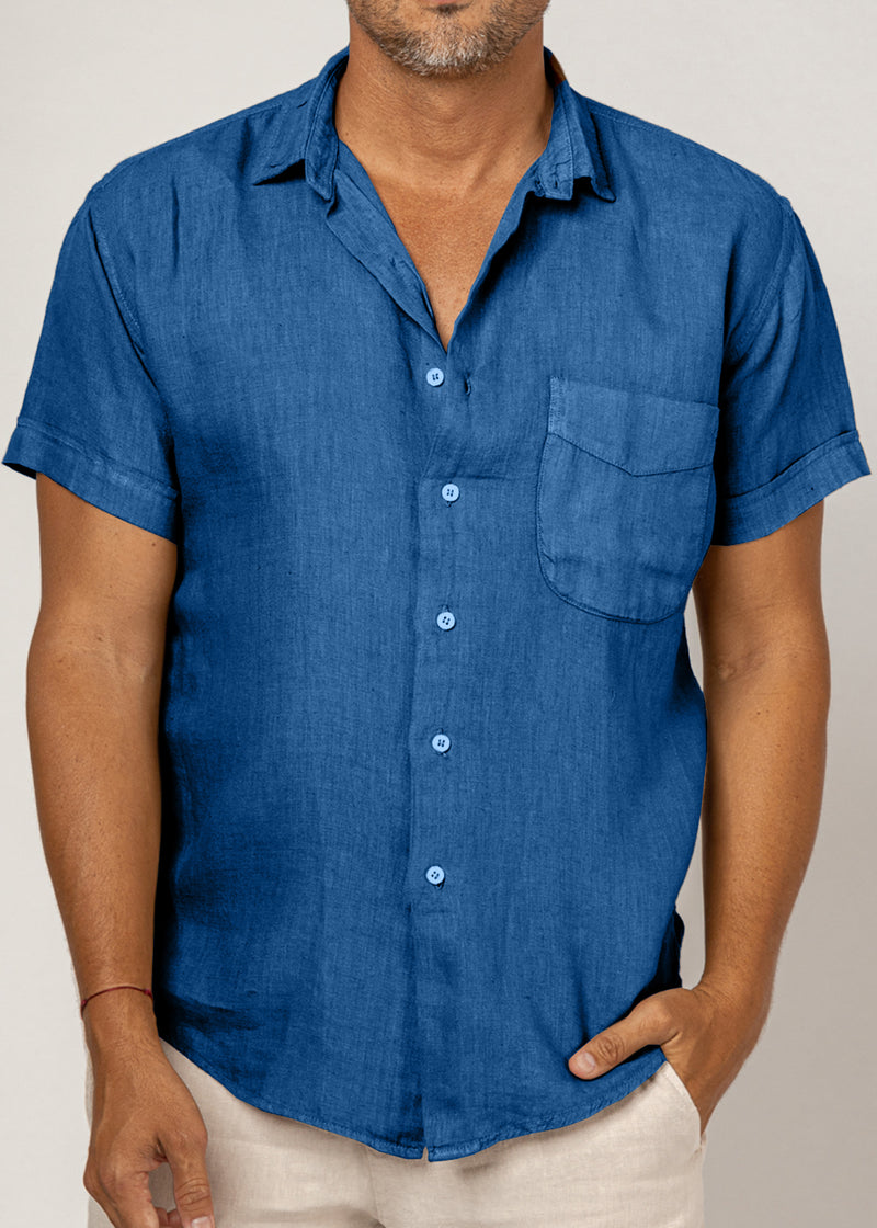 Short Sleeve Button-Down Linen Shirt With Pocket