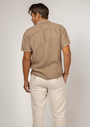 Short Sleeve Button-Down Linen Shirt With Pocket in khaki 2