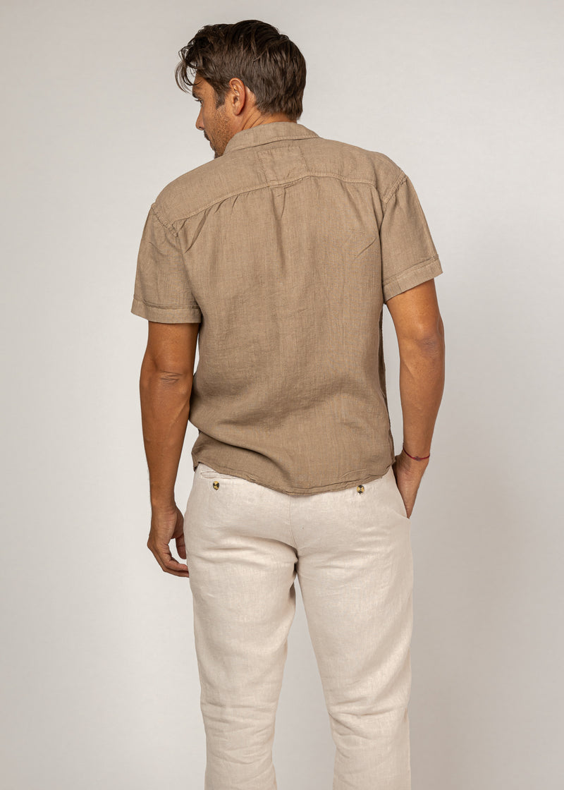Short Sleeve Button-Down Linen Shirt With Pocket in khaki 2