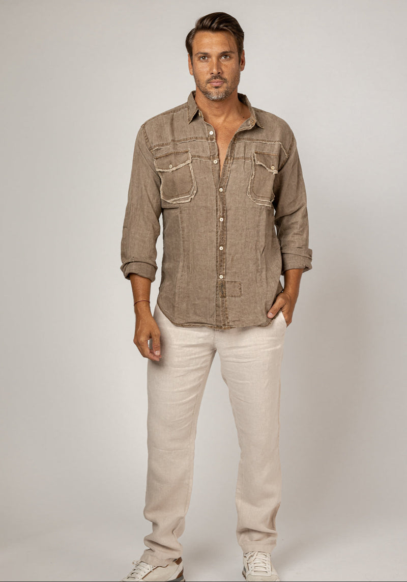 Long Sleeve Button-Down Linen Shirt With Pockets & Unfinished Edges in khaki 3