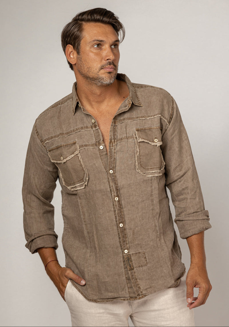 Long Sleeve Button-Down Linen Shirt With Pockets & Unfinished Edges in khaki