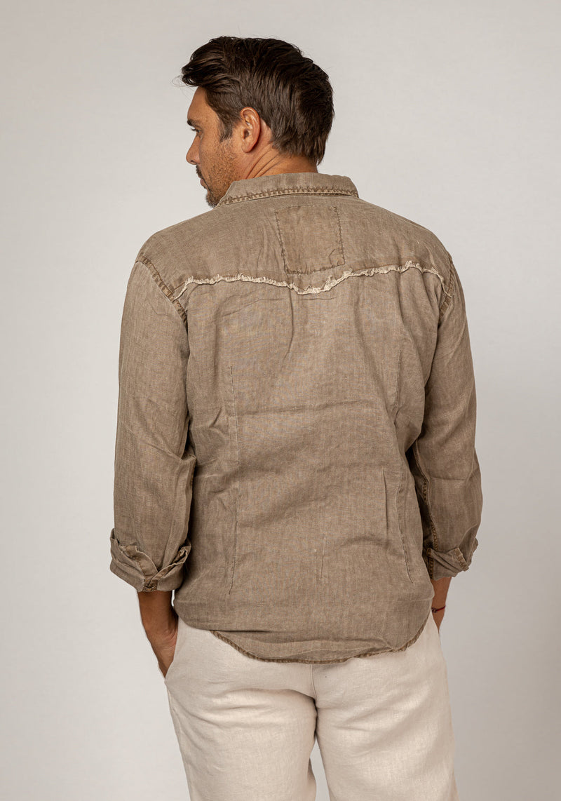 Long Sleeve Button-Down Linen Shirt With Pockets & Unfinished Edges in khaki 4