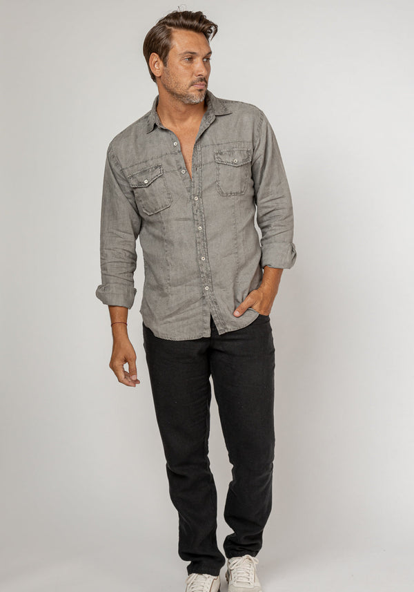 Button-Down Linen Shirt With Hand-Stitching in gray 2