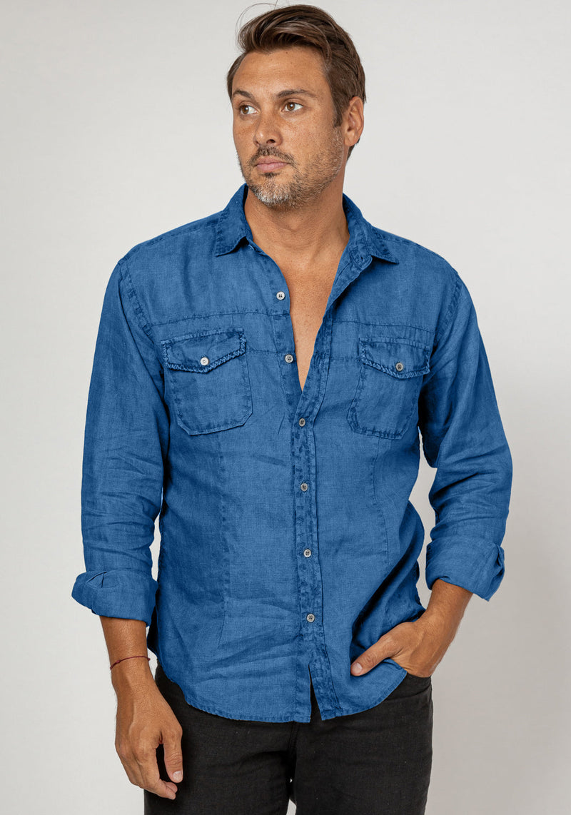 Button-Down Linen Shirt With Hand-Stitching in royal blue