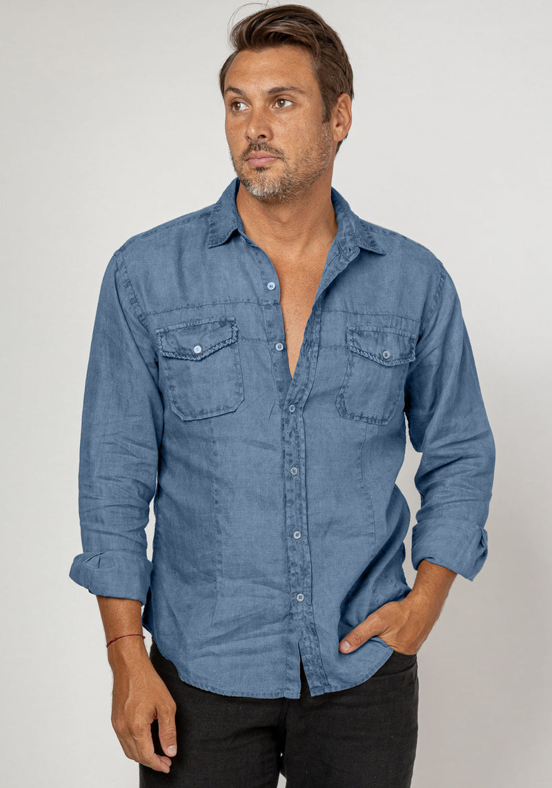 Button-Down Linen Shirt With Hand-Stitching in denim