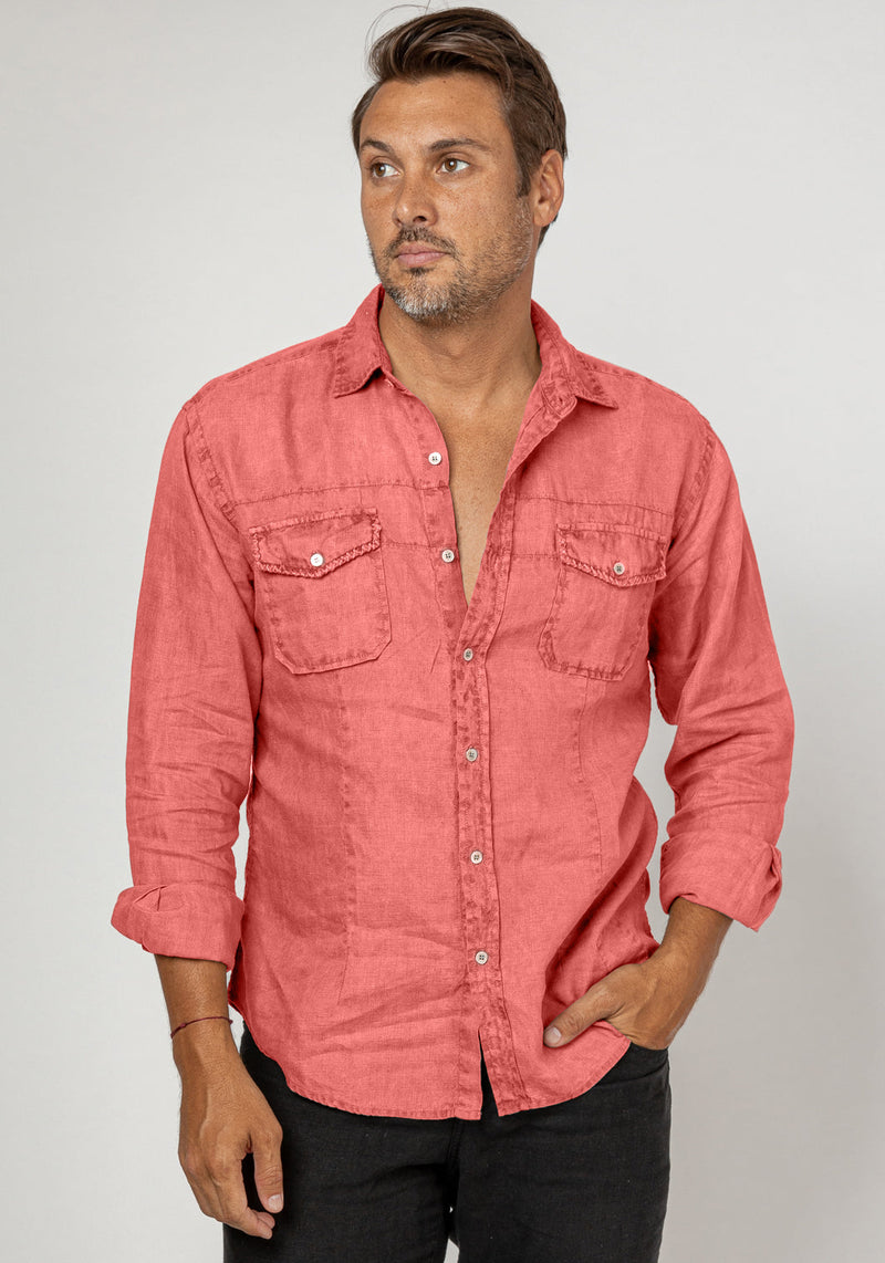 Button-Down Linen Shirt With Hand-Stitching in coral