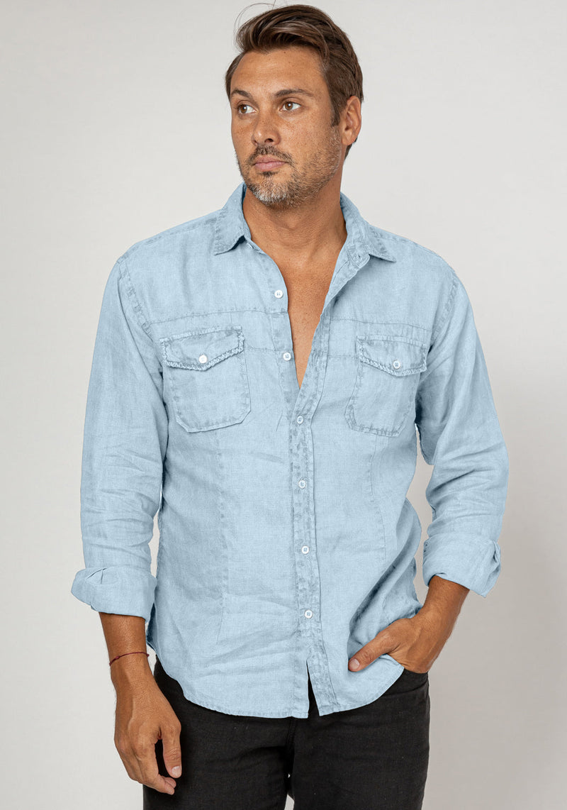 Button-Down Linen Shirt With Hand-Stitching in light blue