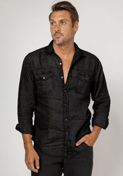 Button-Down Linen Shirt With Hand-Stitching in black