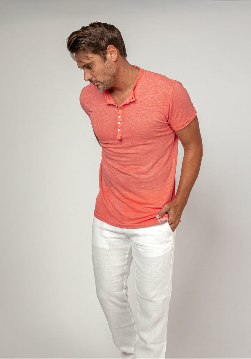 Short Sleeve Linen Henley T-Shirt in coral 2