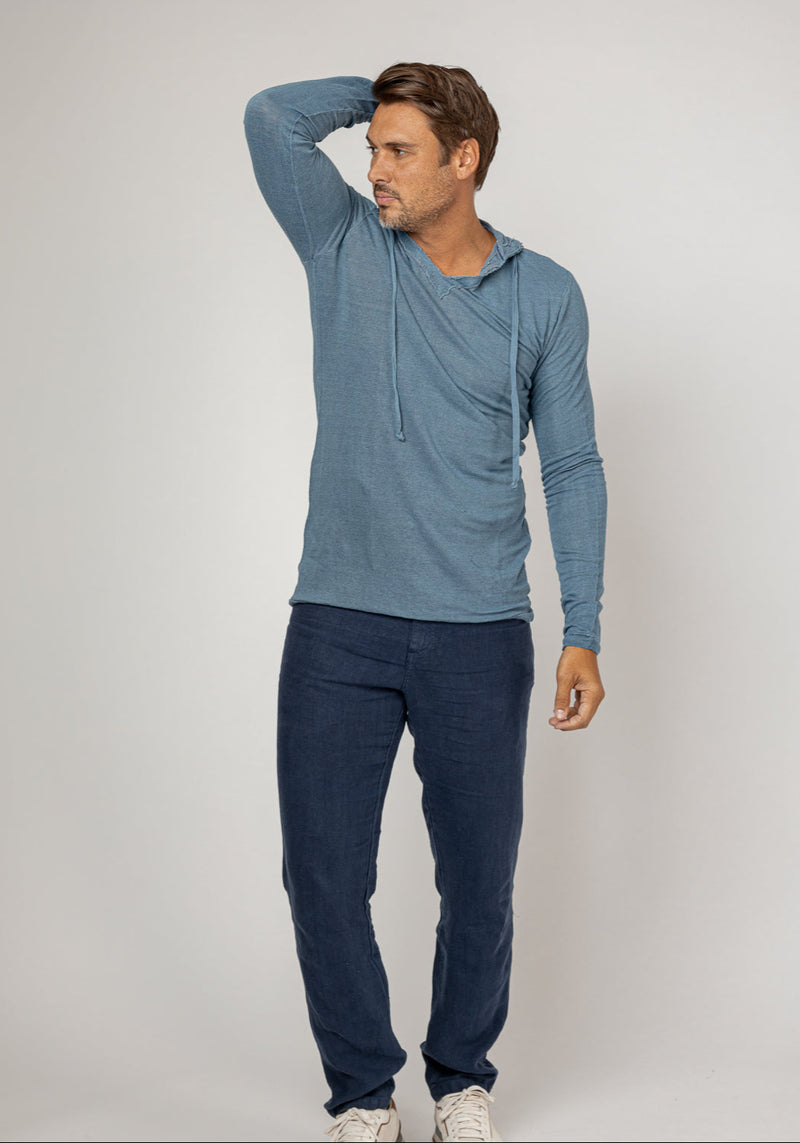 Long Sleeve Fitted Jersey Linen Hoodie in denim blue 3