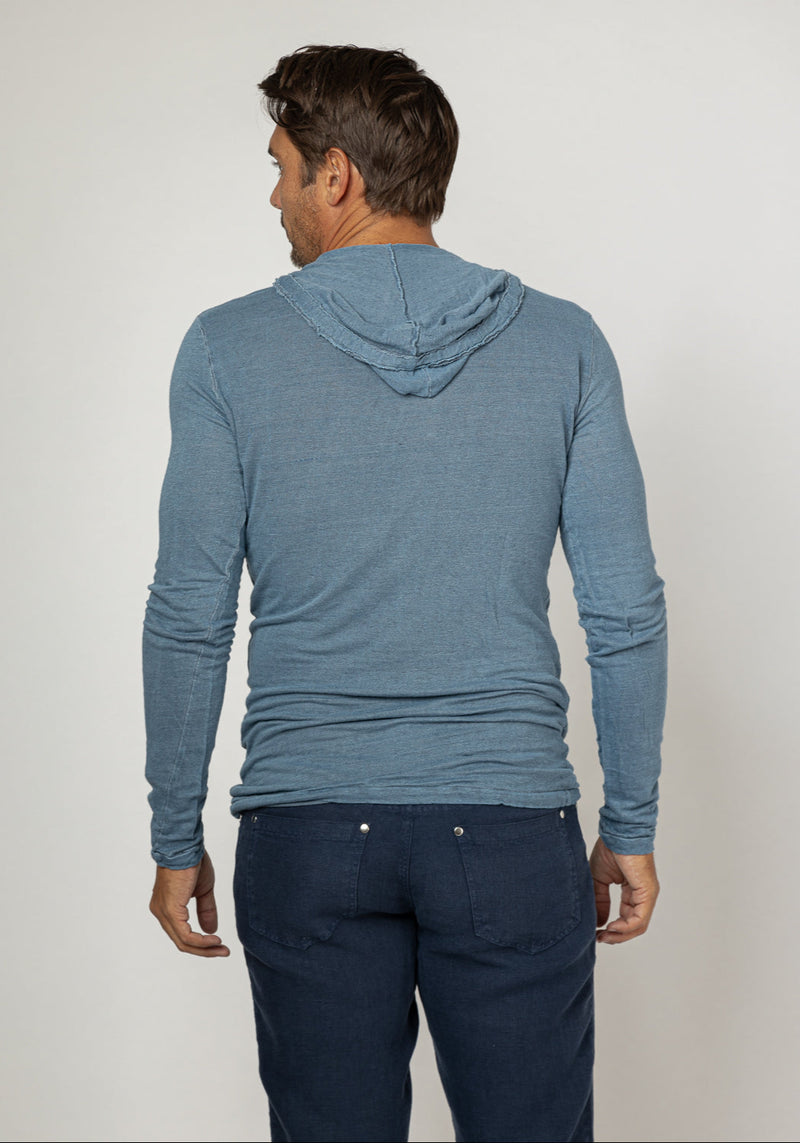 Long Sleeve Fitted Jersey Linen Hoodie in denim blue 2