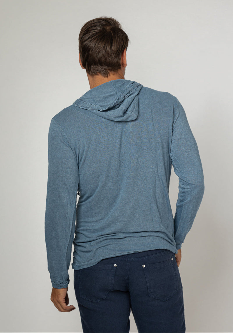 Jersey Linen Long Sleeve Hoodie With Pocket & Wooden Fasteners in denim blue 2