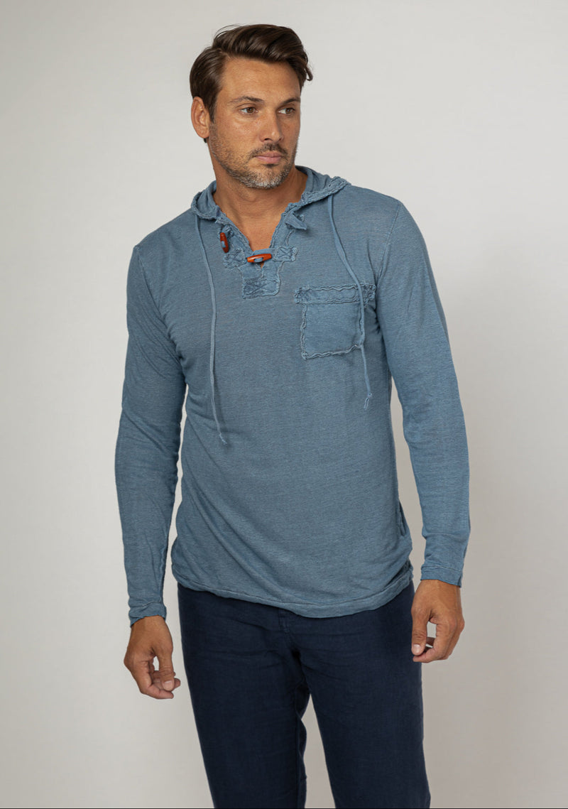 Jersey Linen Long Sleeve Hoodie With Pocket & Wooden Fasteners in denim blue