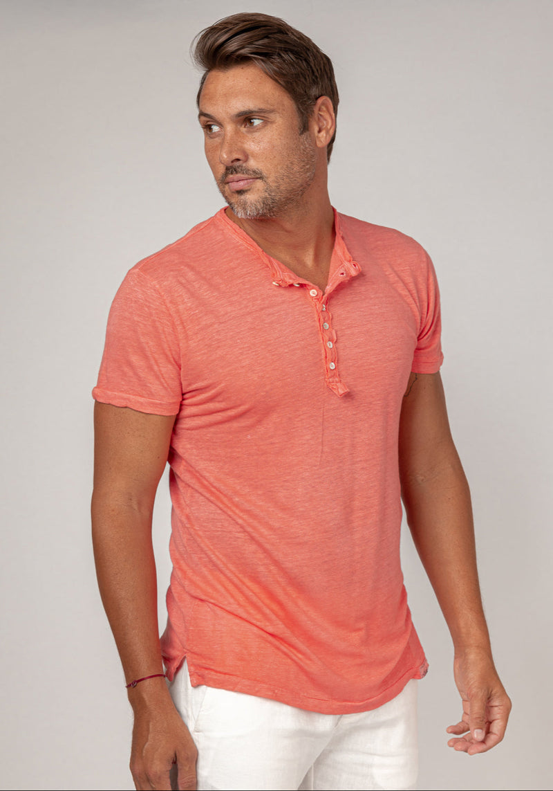 Short Sleeve Linen Henley T-Shirt in coral