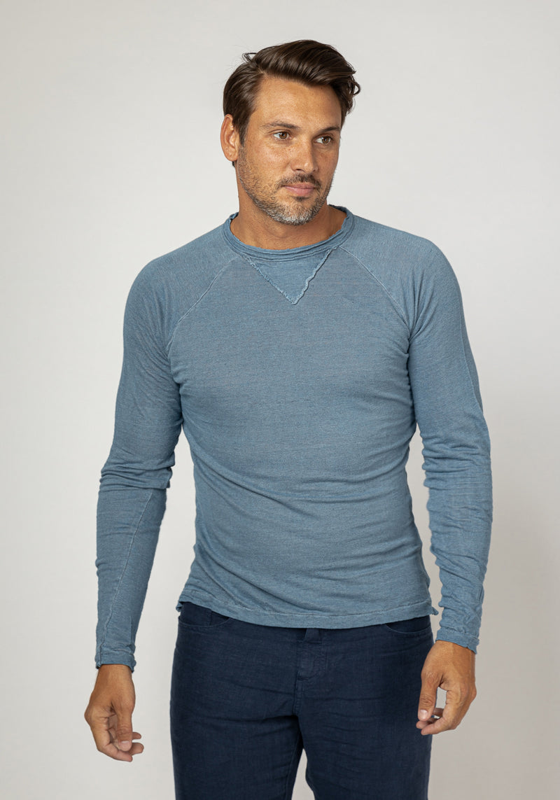 Jersey Linen Long Sleeve Niki Collar T-Shirt in denim blue