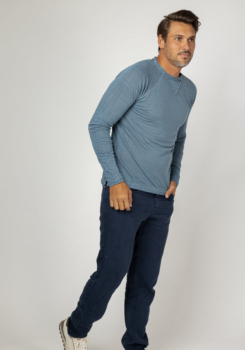 Jersey Linen Long Sleeve Niki Collar T-Shirt in denim blue