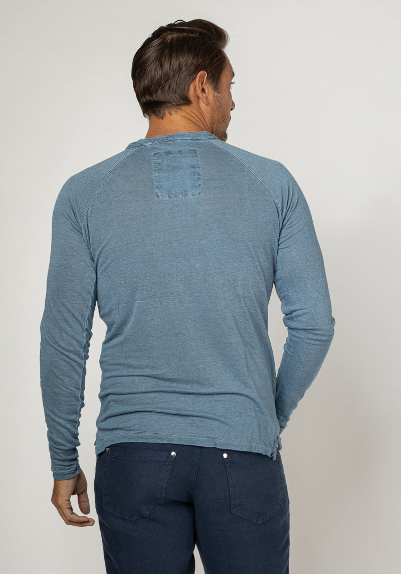 Jersey Linen Long Sleeve Niki Collar T-Shirt in denim blue