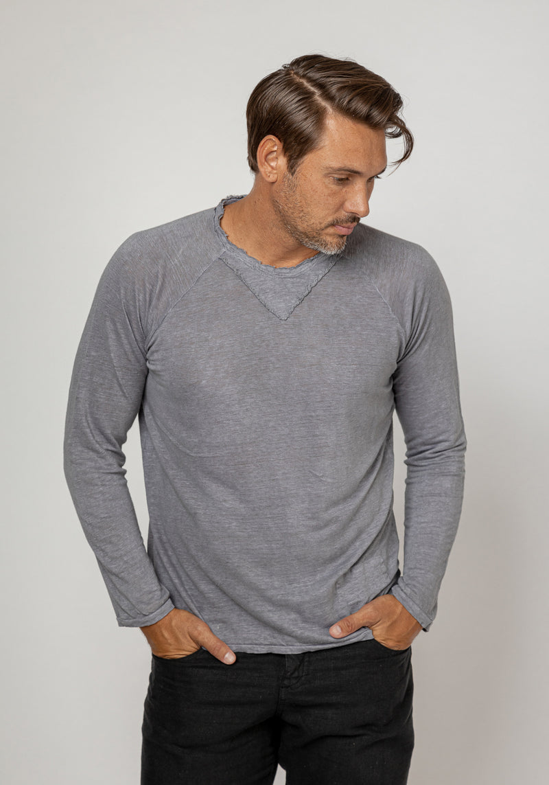 Jersey Linen Long Sleeve Niki Collar T-Shirt in gray