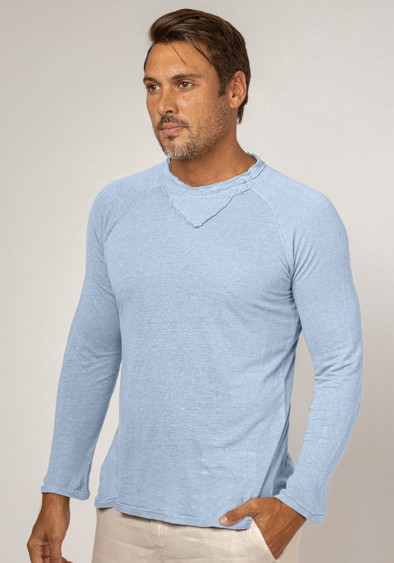 Jersey Linen Long Sleeve Niki Collar T-Shirt in light blue