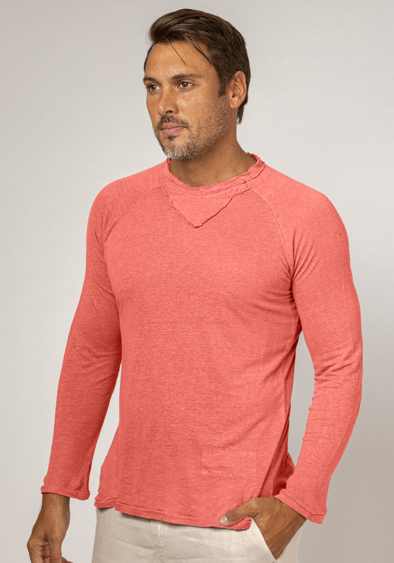 Jersey Linen Long Sleeve Niki Collar T-Shirt in coral