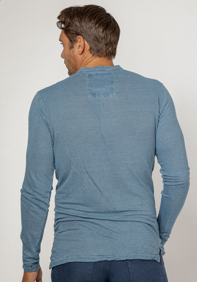 Jersey Linen Fitted Long Sleeve Henley T-Shirt in denim blue