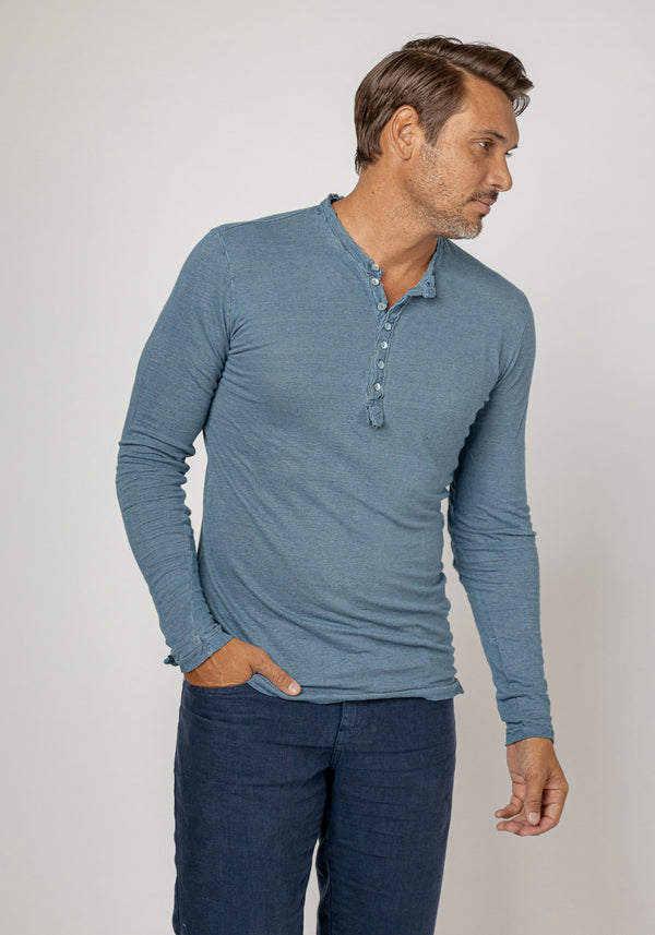 Jersey Linen Fitted Long Sleeve Henley T-Shirt in denim blue