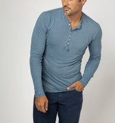 Jersey Linen Fitted Long Sleeve Henley T-Shirt in denim blue