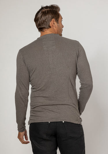 Jersey Linen Fitted Long Sleeve Henley T-Shirt in gray