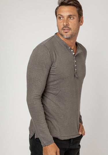 Jersey Linen Fitted Long Sleeve Henley T-Shirt in gray