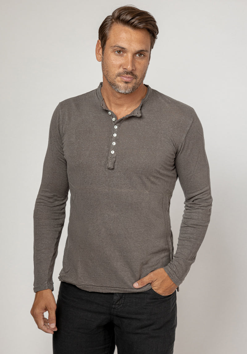 Jersey Linen Fitted Long Sleeve Henley T-Shirt in gray